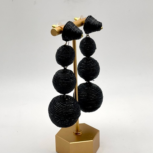 Stylish Designer KJL Style Black Wrapped Ball Dangle Pierced Earrings - Picture 7 of 11